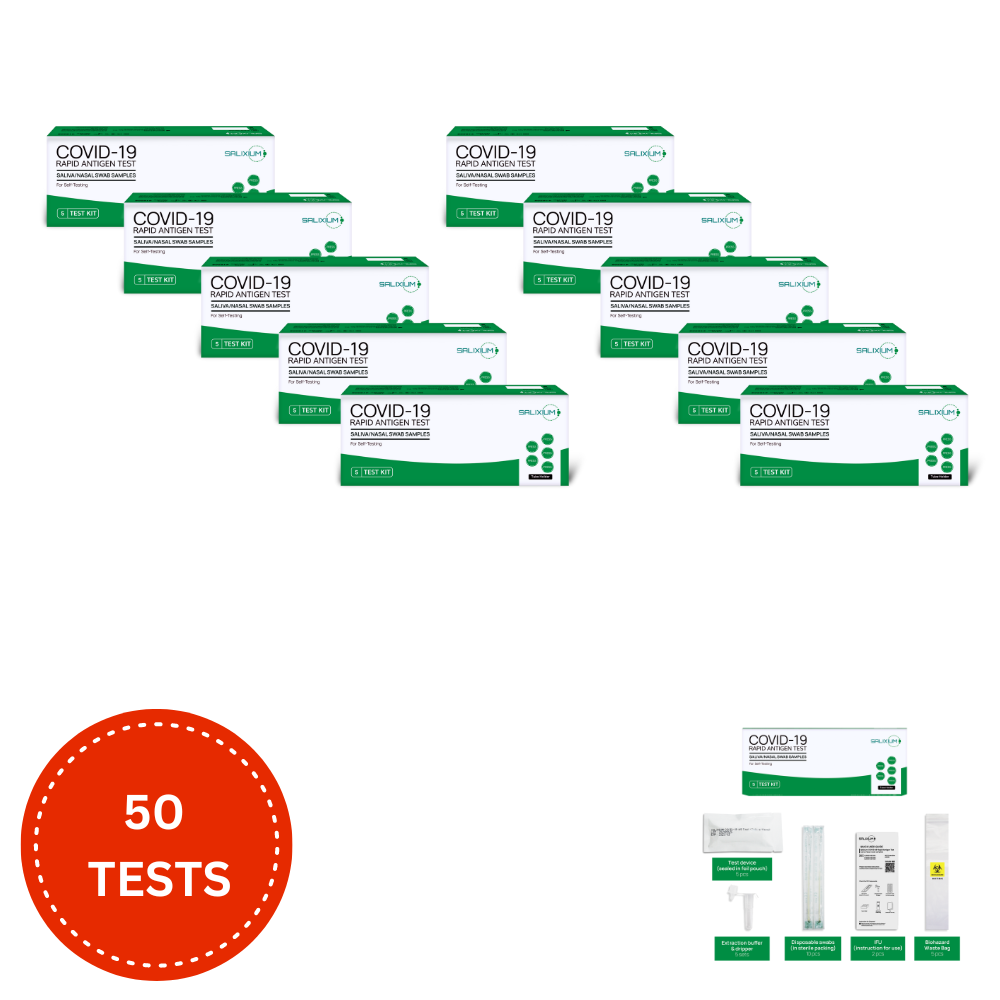 Salixium– COVID-19 Antigen Rapid Self Test (Saliva / Nasal) - 10 x 5 Test Packs (50 Tests)